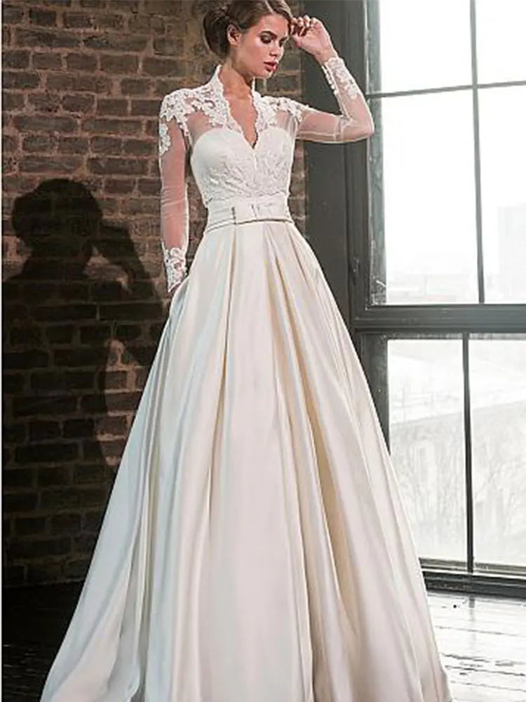 مجموعة اروين arwen & AJH GROUP  Elegant Wedding Dresses Long Sleeves Lace Satin with Pockets Wedding Gowns Bride Dress Vintage