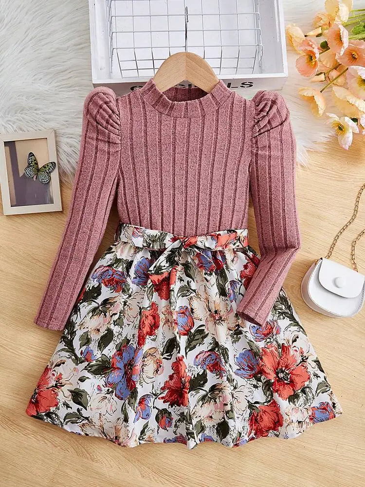 Autumn new girls floral print puffs sleeve east with fashion casual dress