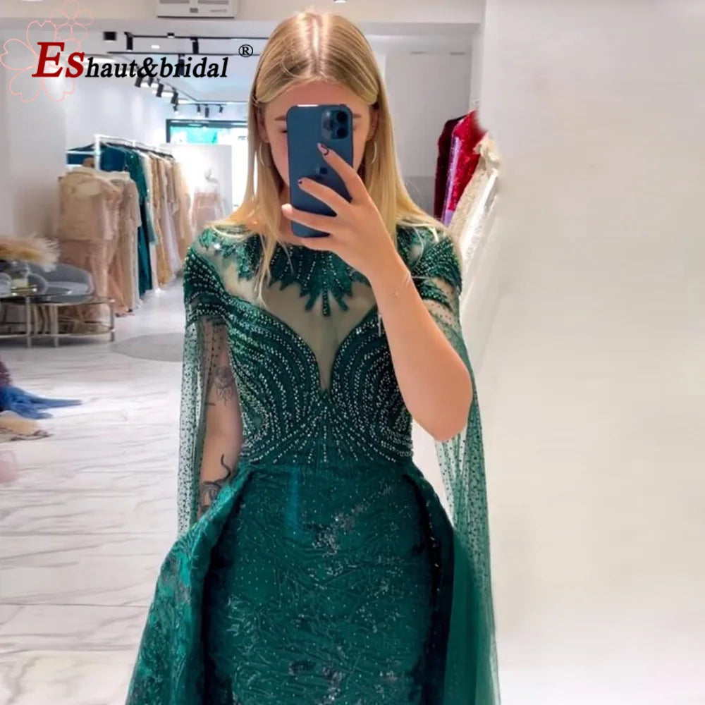 Elegant Green Mermaid Lace Evening Night Dress for Woman 2024 O Neck Crystal Long Cape Sleeves Formal Prom Wedding Party Gowns