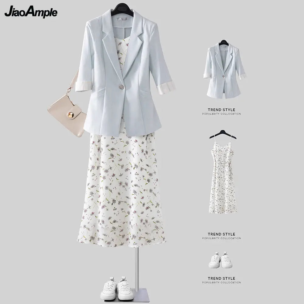 مجموعة أروين التجارية ARWEN & AJH GROUP Women Two Pieces Dress Set 2024 Summer Office Lady Graceful Joker Print Chiffon Sleeveless Dress+Suit Coats Sets Blue Clothing