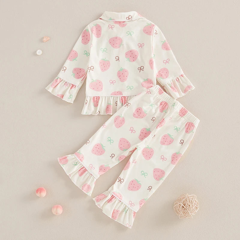 Fashion Children Kids Baby Girls Pajama Sets Strawberry/Butterfly Print Ruffles Long Sleeve Button Shirts Tops Pants Loungewear