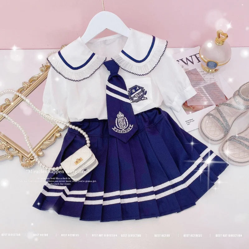 College Style Jk Uniform Suit Korean Junior Girls Summer Clothes Short-Sleeved Shirt+ Pleated Skirt Set Send Tie Kids Loungewear