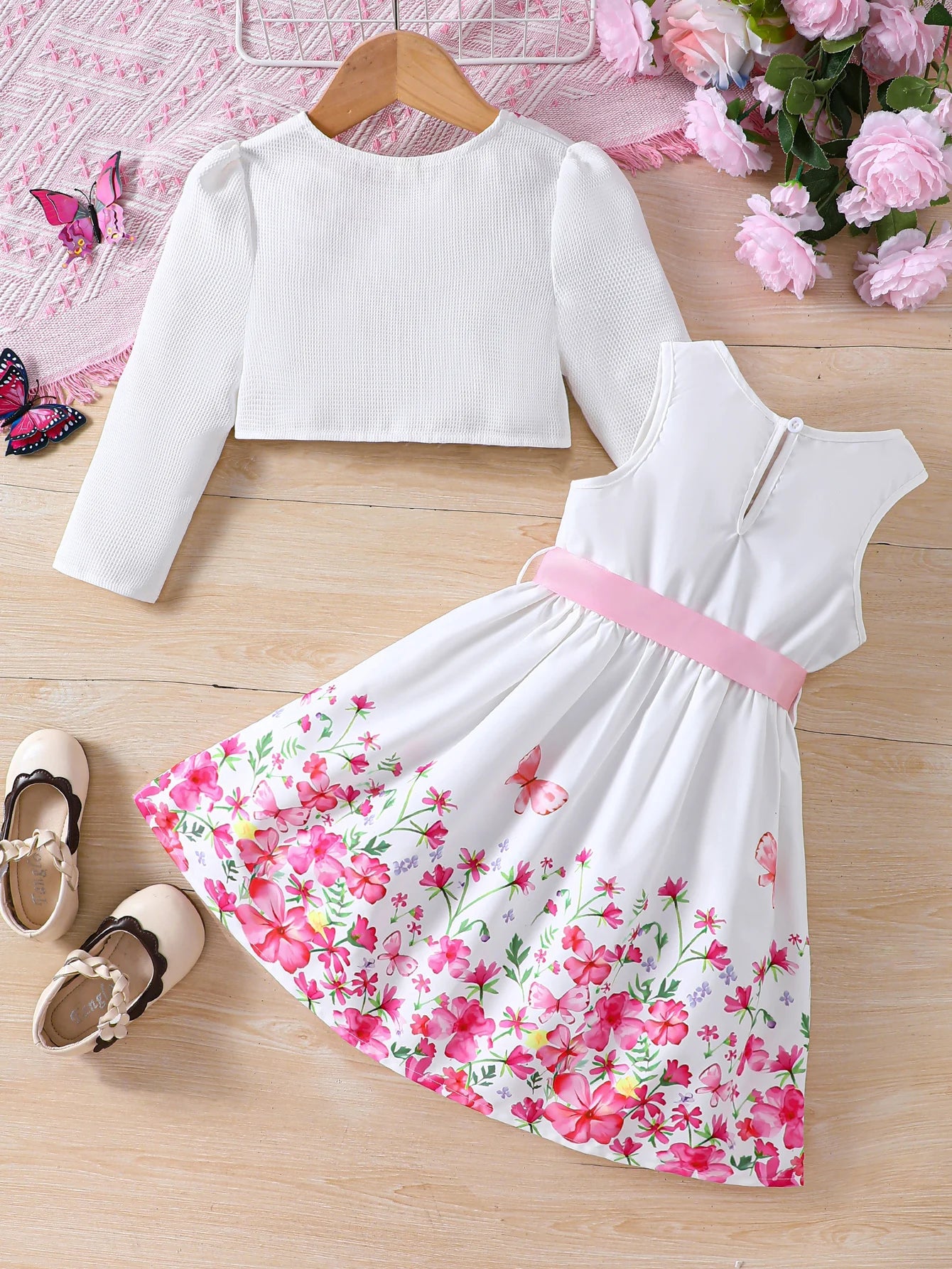 2024 Girls Spring/Summer New Product Two Piece Sweet Flower Dress+Cardigan Small Coat For Children And Girls 2-6 Years Old