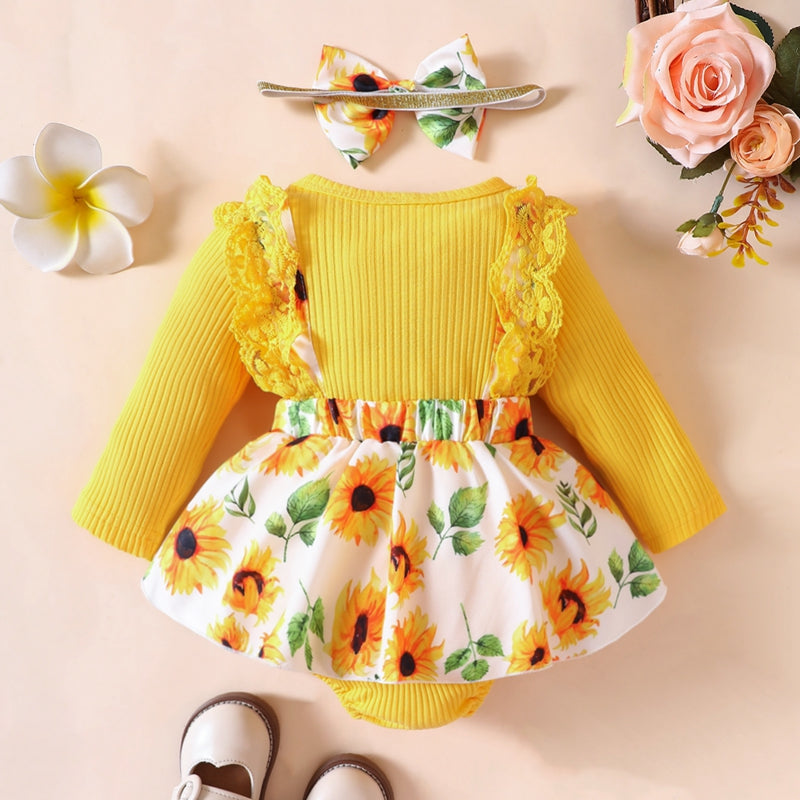 2pcs Infant Baby Girls Romper Dress Patchwork Flower Print Lace Sleeveless/Long Sleeve Crew Neck Front Bowknot Jumpsuit Headband