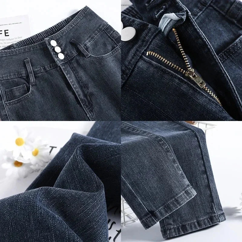 Casual High Waist Skinny Jeans Women Korean Button Pencil Ankle-Length Denim Pants 2024 Spring Stretch Cowboy Leggings