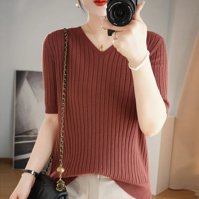 2024 new Women's Clothing Pullovers Sweaters Spring Summer New V-neck Short sleeved Knitted Shirt Base Shirt Solid Color Jumpers