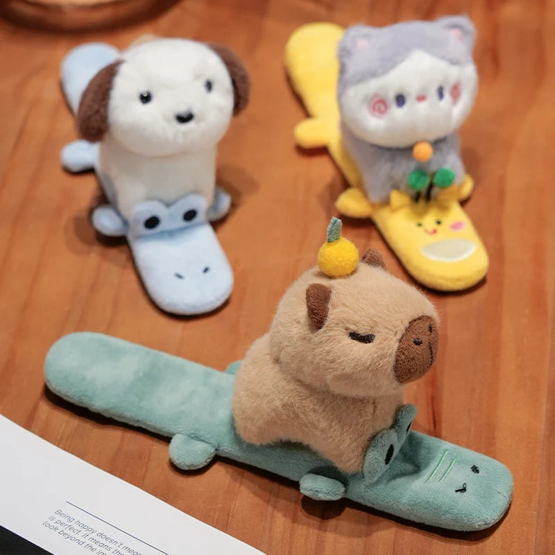 Lovely Animal Slap Snap Wrap Wristband Bracelet Capybara Dog Cat Plush Hand Ring Wristband Kids Toys Creative Funny Gift