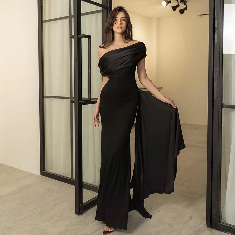 2024 Party Evening Dresses Elegant Black Slash Neck Maxi Dress For Women Fashion Short Sleeve Bodycon Banquet Vestidos Female