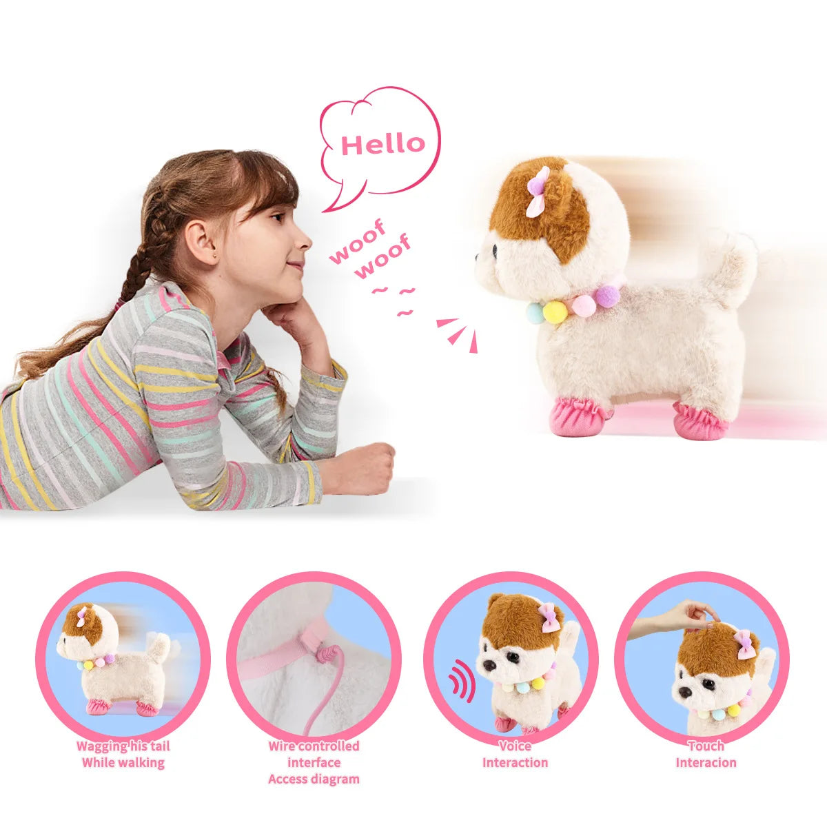 Plush Puppy Electronic Interactive Toy for Kid Shake Tail Pretend Dress Up Stuffed Dog Walking Barking Toy Dog with Leash