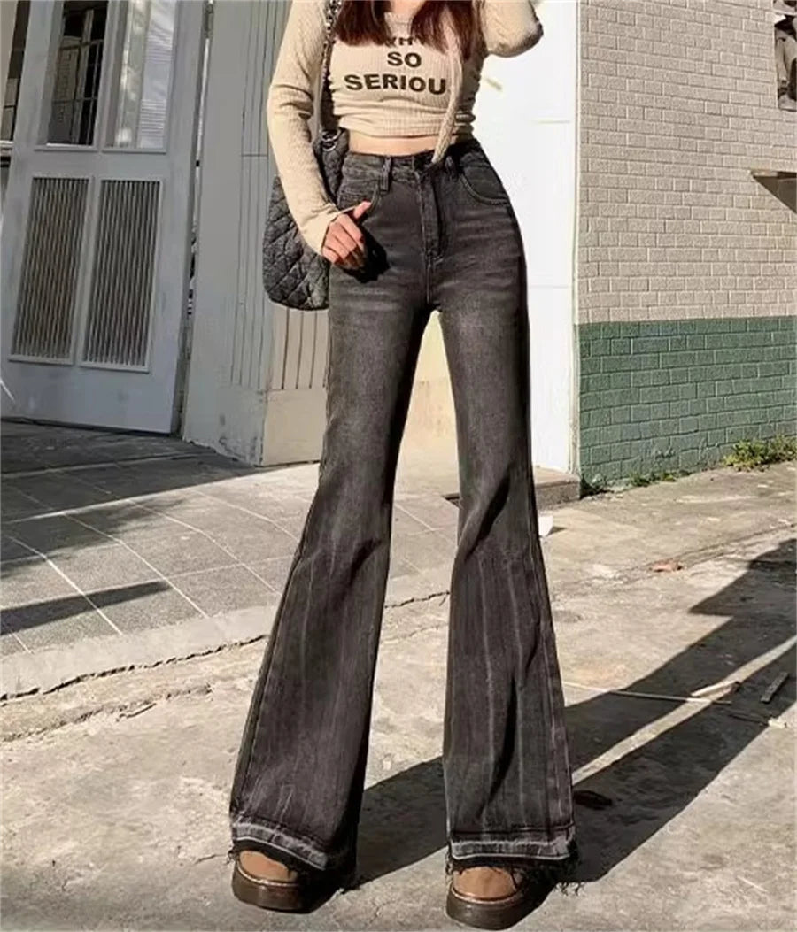 Burr Edge Design Vintage Flare Jeans High Waist Korea Casual Skinny Denim Pants New Women Streetwear Strecth Boot Cut vaqueros