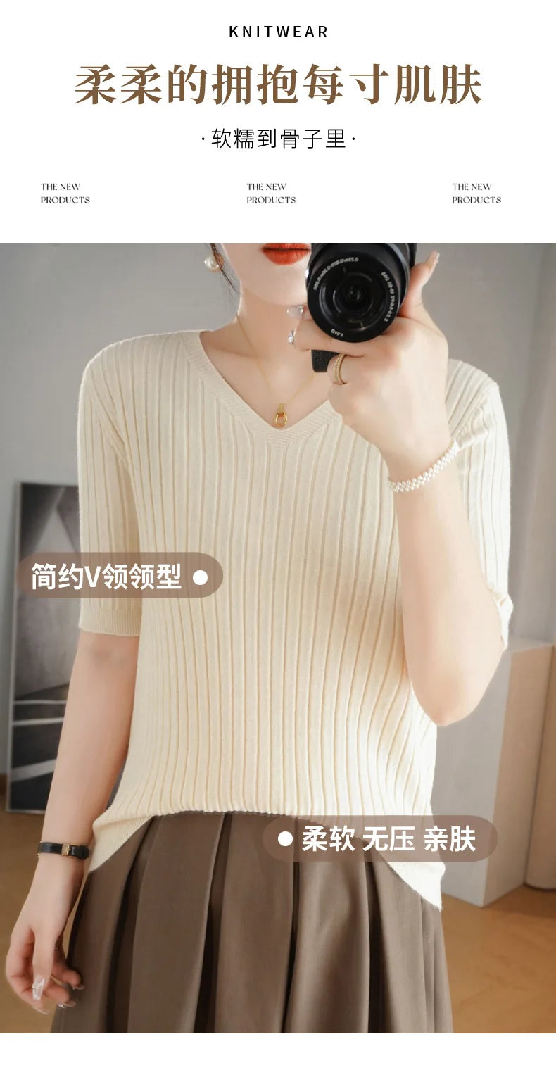 2024 new Women's Clothing Pullovers Sweaters Spring Summer New V-neck Short sleeved Knitted Shirt Base Shirt Solid Color Jumpers