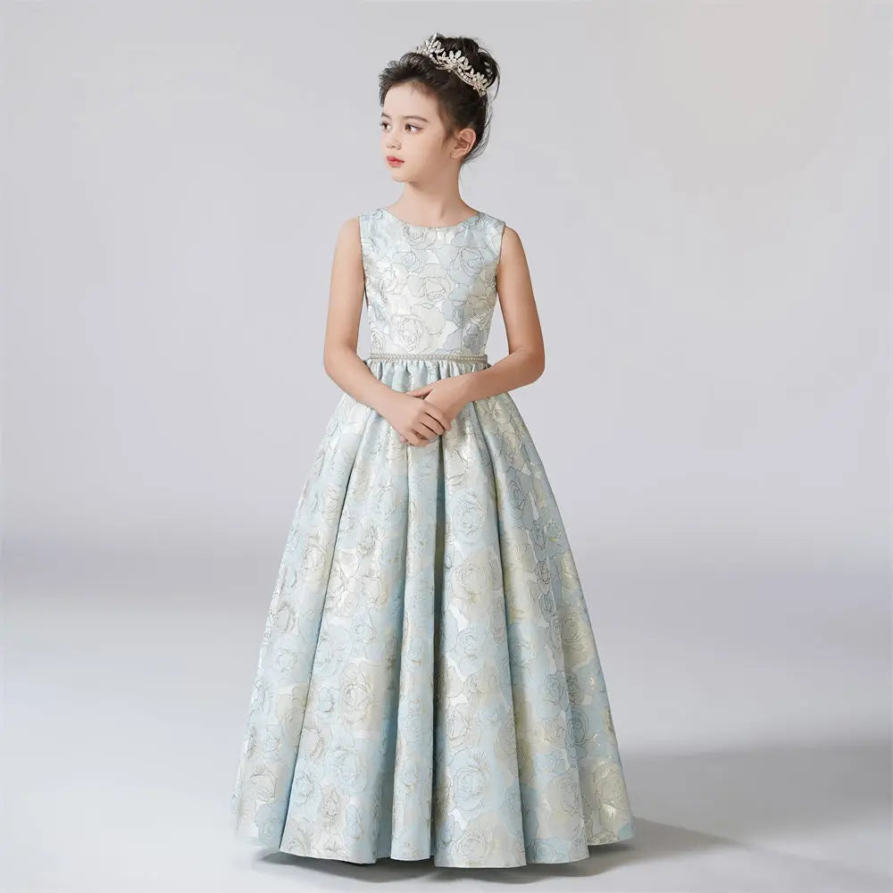 ARWEN & AJH GROUP  O-Neck Dress For Girl A-Line Rose Pattern Flower Girl Dresses Sleeveless Kids Birthday Formal Princess Gowns