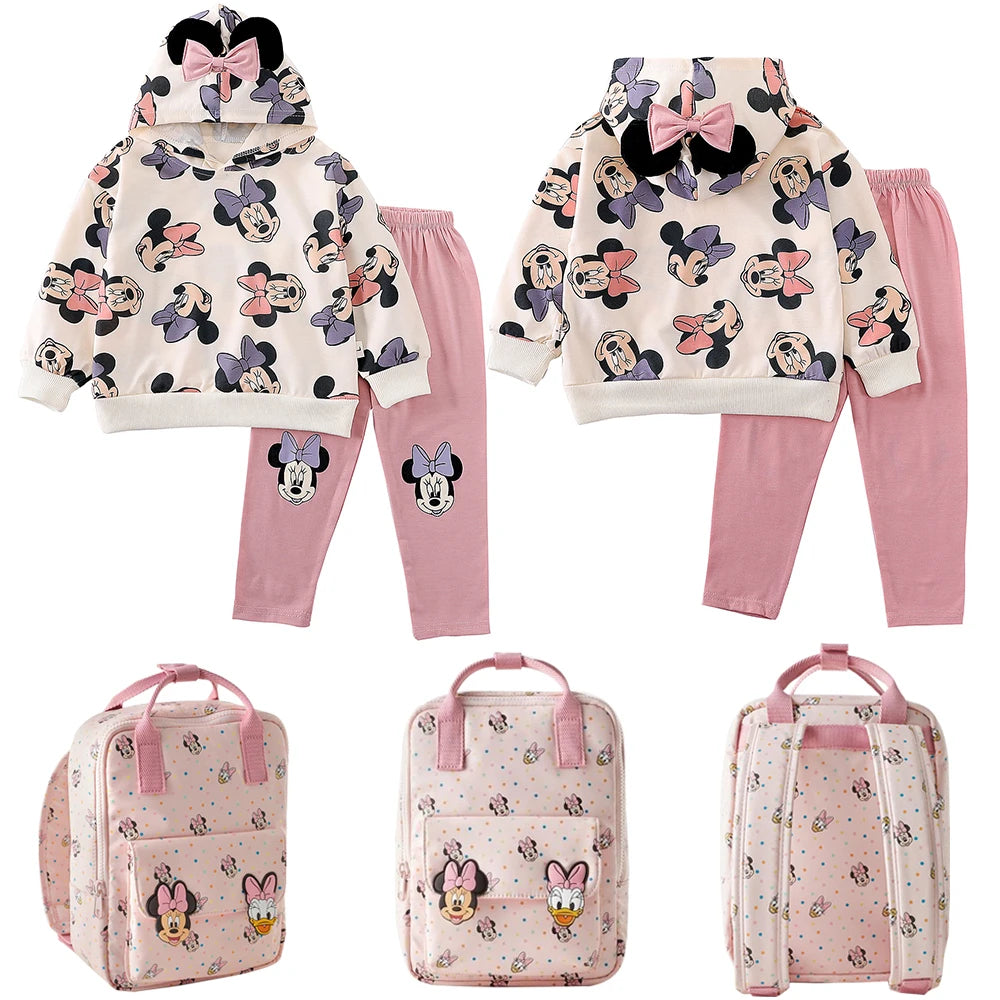 Disney Minnie Mouse Full Printed Hoodie Set for Kids Girl Autumn Hooded Pullover Pants Mickey Mouse Children Clothing Outfits