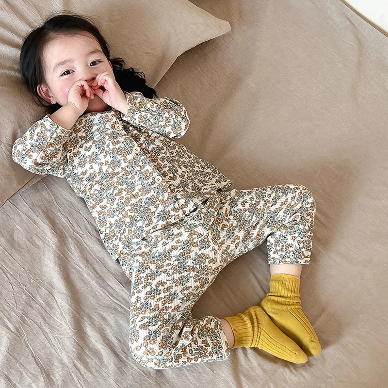 Baby Pajamas Set Loungewear Sleepwear for Kids Long Sleeve Boy Girl Breathable Cotton Waffer Top and Bottom Children's Clothes