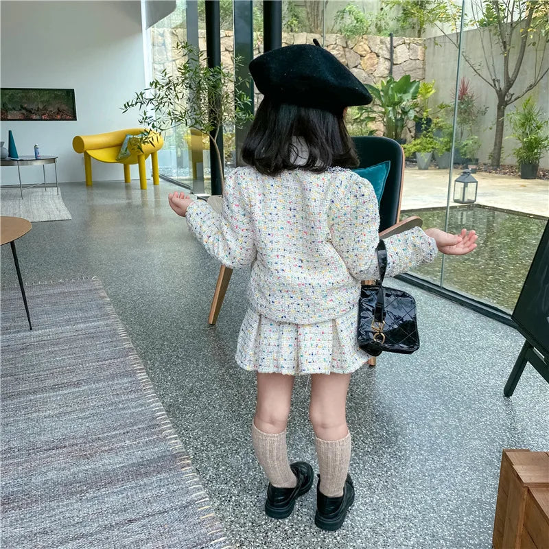 3308E Girls' Clothing Set Sweet Suit 2022 Autumn New Little Fragrant Wind Girl Two Piece Suit Knitted Coat+ Pleated Skirt