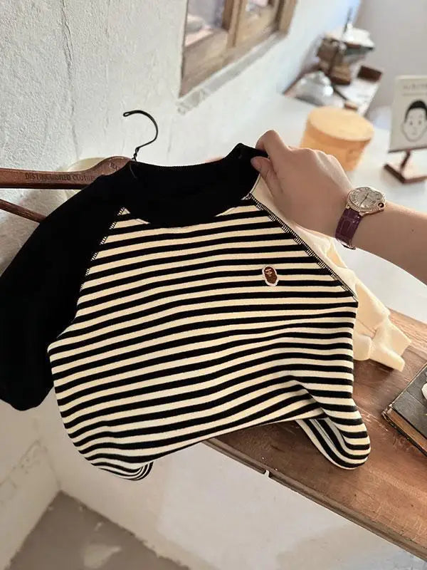 Autumn Winter Children Boy Striped Sweatshirt Cotton Spliced Long Sleeve Velvet Toddler Boy Pullovers Infant Baby Boy Undershirt