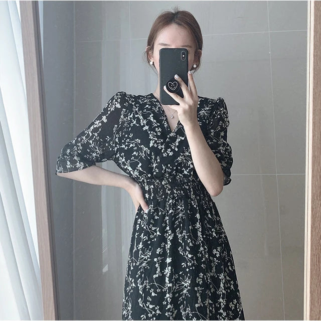 ARWEN & AJH GROUP Vintage Korea Fashion Clothing Summer Slim Elastic Waist A Line V Neck Elegant Office Lady Floral Chic Chiffon Long Dress Retro