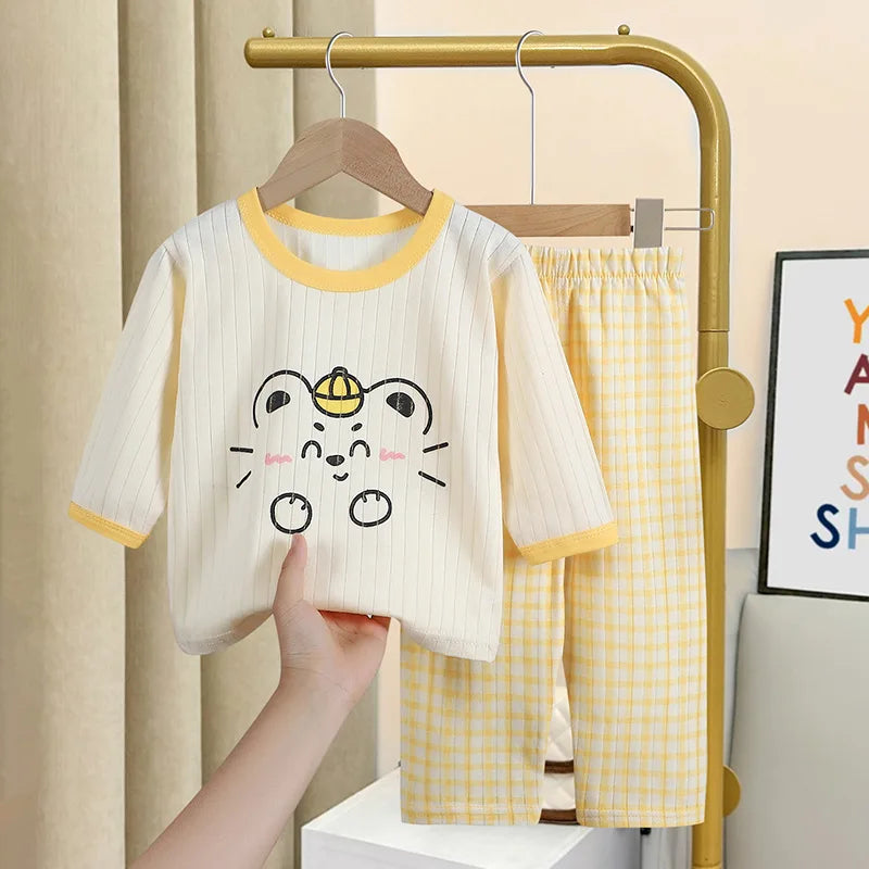 2023 Summer Long-sleeved Trousers Home Wear Suit New All Cotton Underwear Sets Babies Boys Cartoon Thin Sleepwear Pajamas Pants