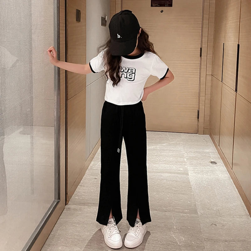 Fashion Girls Clothes Outfit Summer Letter Top & Loose Pants 2 Pieces Set  Teenage Girl Trendy Tracksuit Bell-bottom Trousers