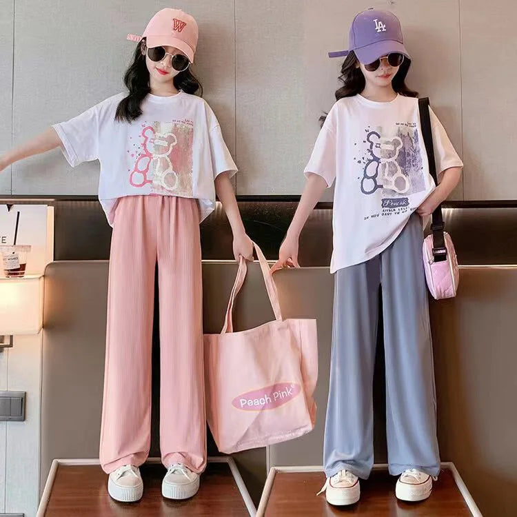 2024 new summer spring Teenager Clothes Children Set loose bear short white T-shirt + straight Pant Suit tracksuit 5 to 12 year