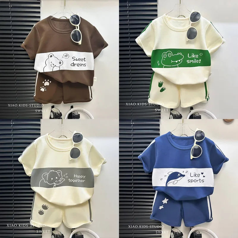 مجموعة اروين التجارية ARWEN&AJH GROUP  2024 European 2024 New Kids Short Sleeve Suit Striped Girls Boys Set Summer Tops +short Baby Clothes Children's Wear