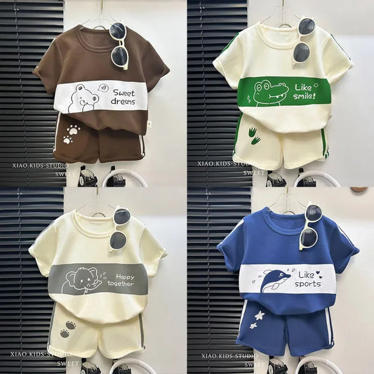 مجموعة اروين التجارية ARWEN&AJH GROUP  2024 European 2024 New Kids Short Sleeve Suit Striped Girls Boys Set Summer Tops +short Baby Clothes Children's Wear