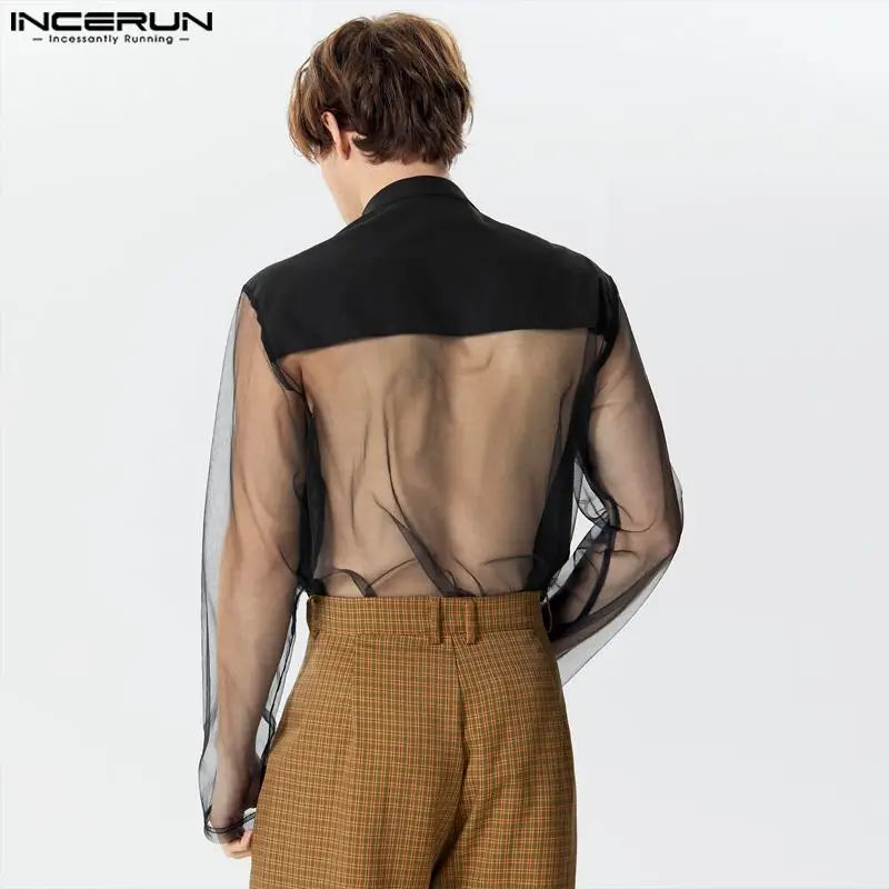 مجموعة اروين التجارية ARWEN&AJH GROUP  2024 European  2024 Men's Irregular Shirt Mesh Patchwork Stand Collar  Long Sleeve  Transparent Fashion Men Clothing