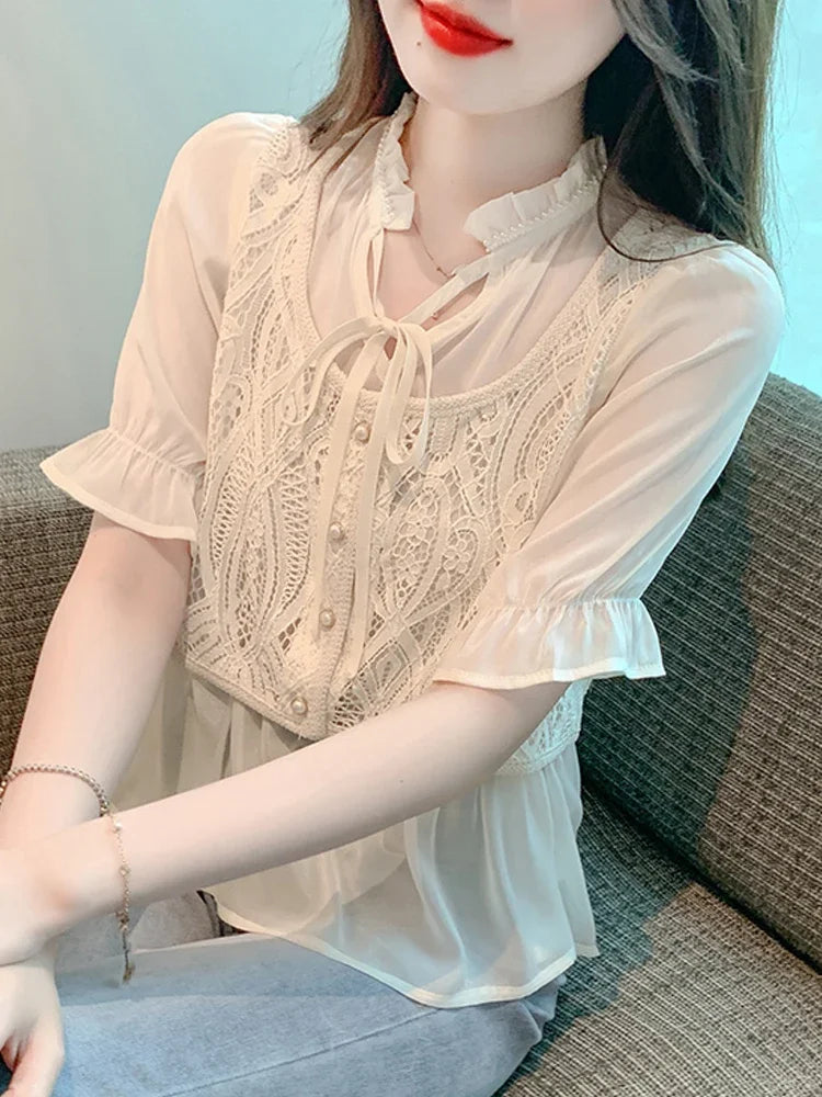 Summer V-Neck Lace Chiffon Blouse Shirt Women Tops Blusas Mujer De Moda 2024 Verano Short Sleeve Blouse Women Blouses Blusa G529