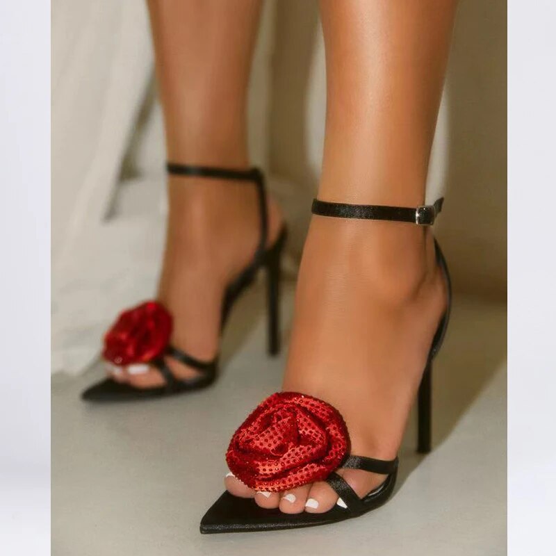 Ankle Buckle Strap Denim Sandals Women's Summer CRYSTAL Flower Pointed Toe Thin Heels Shoes Party Prom