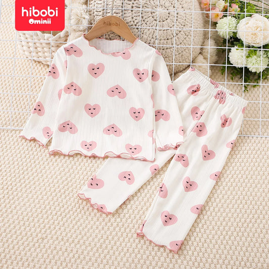 hibobi 2-Piece Girl Spring Allover Heart Printed Long Sleeve Top & Matching Pants Comfortable And Cute Loungewear Set