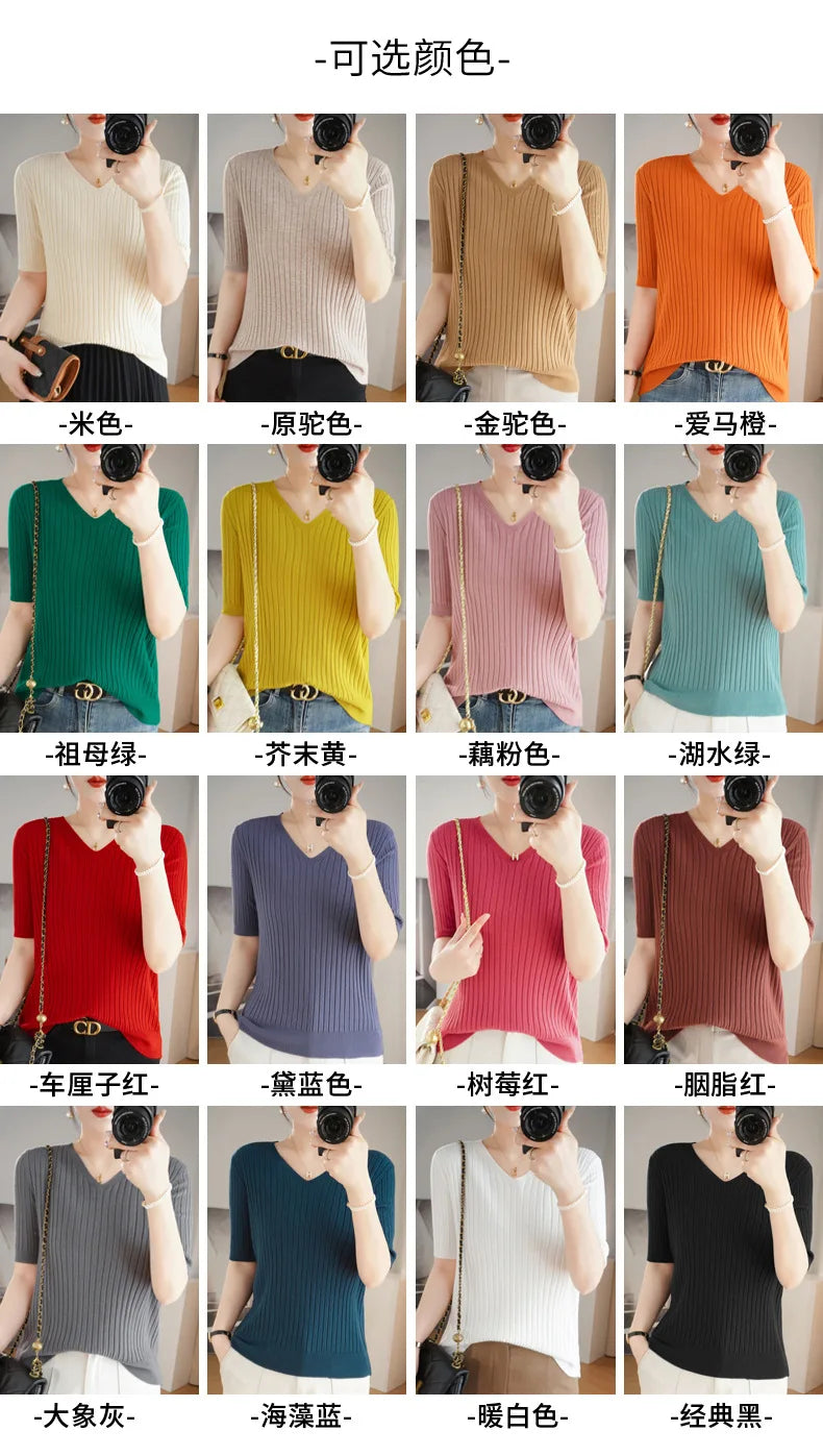 2024 new Women's Clothing Pullovers Sweaters Spring Summer New V-neck Short sleeved Knitted Shirt Base Shirt Solid Color Jumpers