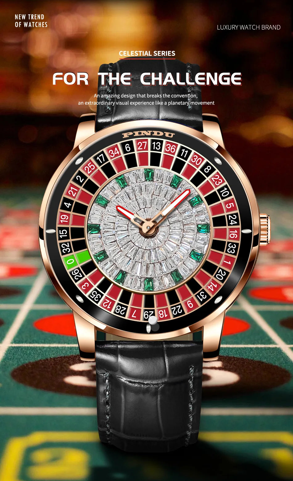 PINDU Design New Mechanical Watch NH35 Rotating Dial Las Vegas Roulette Desktop Theme Automatic Watch Men Diamond Luminous Hands