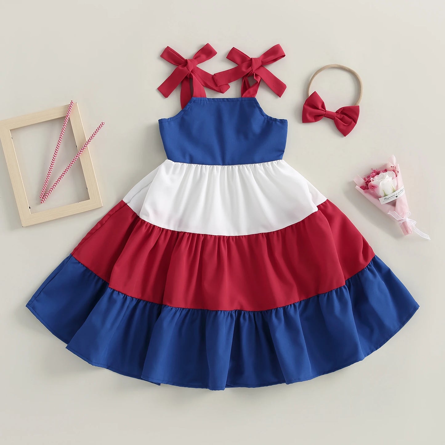 3 Colors Summer Fashion Kids Girls Dress Color Match Tie-Up Shoulder Straps Sling Ruffles Sundress Headband