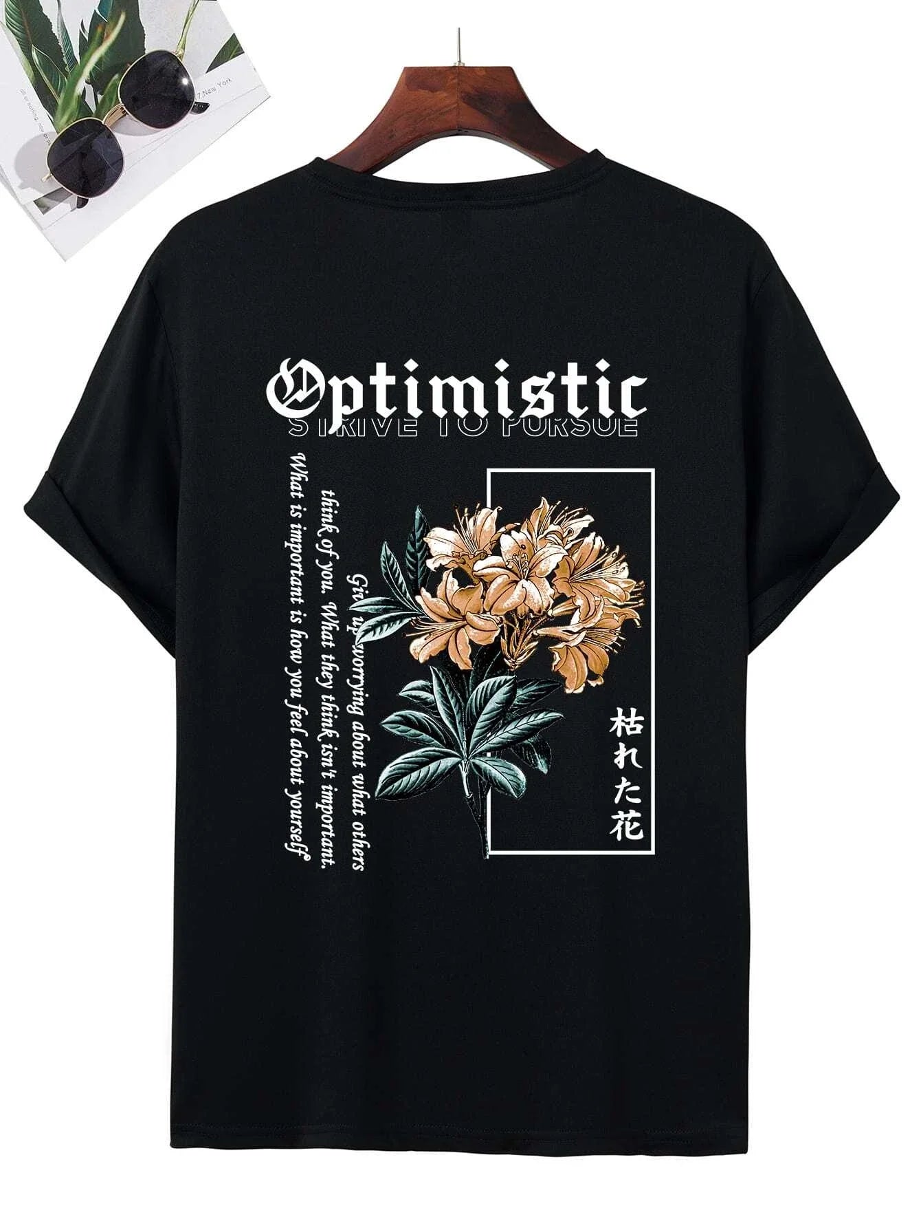 Optimistic Strive To Porsue Harajuku Flower Printing Male Tshirt Oversized Loose T Shirts Cotton T Shirts Breathable T-Shirts