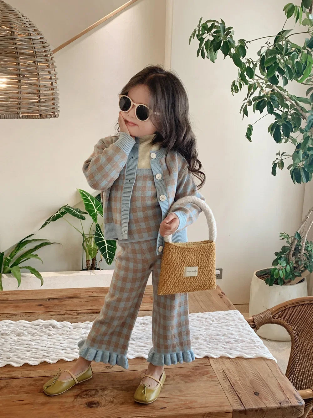 Children Clothing Set 2024 Autumn New Fresh Plaid Girl's Knitted Set Sweater Cardigan +Vest+Pant Sweet Three Piece Suit