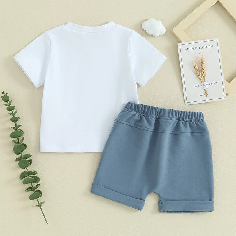 مجموعة اروين التجارية ARWEN&AJH GROUP  2024 European  2024 Fashion Toddler Infant Baby Boys Summer Clothes Sets Short Sleeve Letter Print Tops and Drawstring Shorts Sets