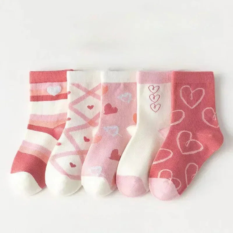 5 Pairs/Lot Kids Soft Cotton Socks Korean Love Heart Flower Print Baby Girl Socks Autumn Winter Warm Children Middle Tube Socks