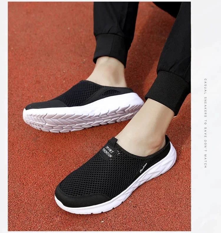 YRZL Men Half Slipper New Style Lat-soled Wild Flat-bottomed Summer Breathable Mesh Thin Section Baotou Slippers Man