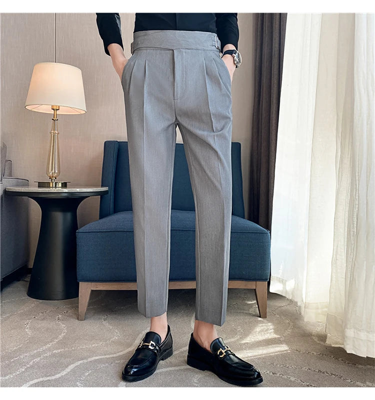 British Style Men High Waist Casual Dress Pant Men Belt Design Slim Trousers Formal Office Social Wedding Party Dress Suit Pants