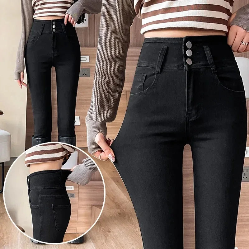 Casual High Waist Skinny Jeans Women Korean Button Pencil Ankle-Length Denim Pants 2024 Spring Stretch Cowboy Leggings