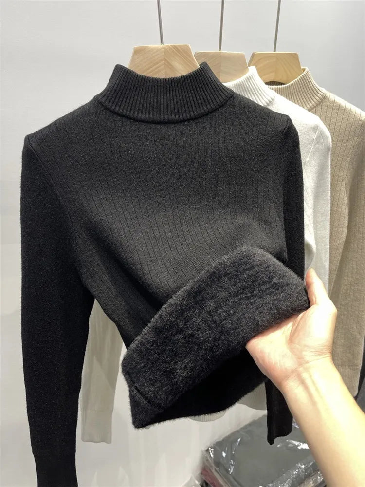 Winter Warm Sweater Pullover Women Slim Thicken Plush Velvet Lined Knitwear Jumper Korean Half Turtleneck  Soft Knit Tops