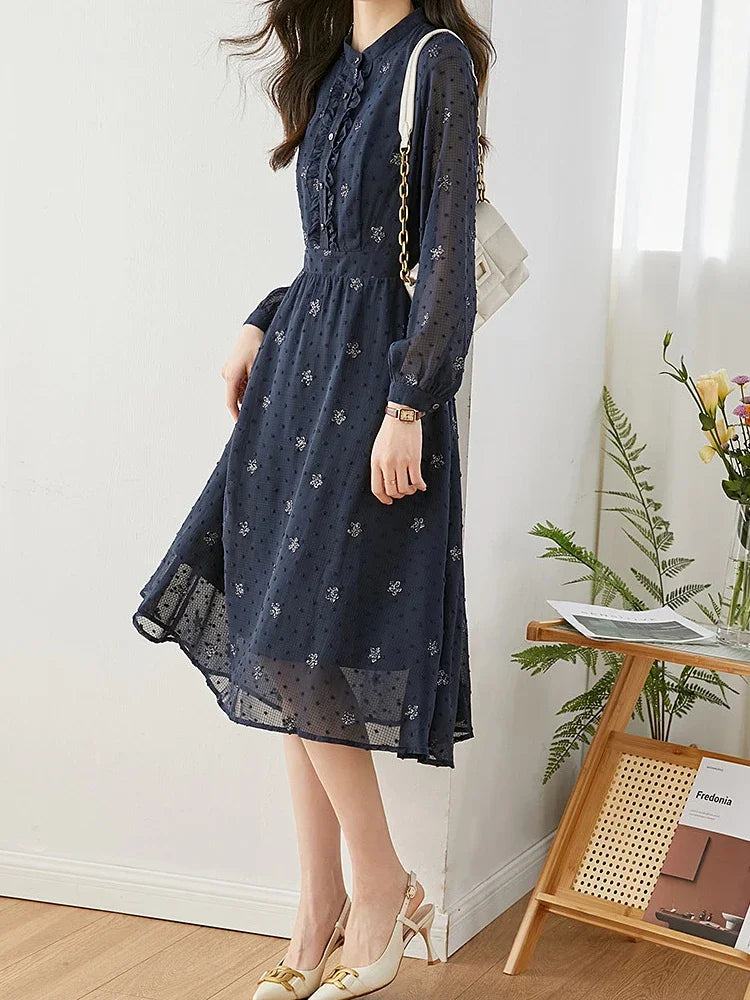 ARWEN & AJH GROUP Embroidery Floral Chiffon Dresses for Women  Spring Autumn Long Sleeve Elastic Elegant Midi Dress Women's Clothing