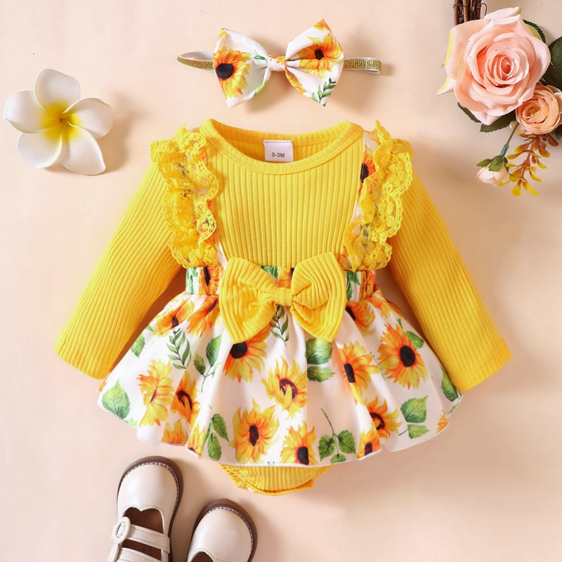 2pcs Infant Baby Girls Romper Dress Patchwork Flower Print Lace Sleeveless/Long Sleeve Crew Neck Front Bowknot Jumpsuit Headband