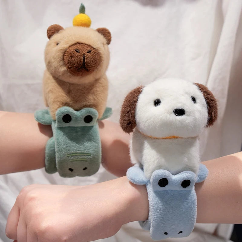 Lovely Animal Slap Snap Wrap Wristband Bracelet Capybara Dog Cat Plush Hand Ring Wristband Kids Toys Creative Funny Gift