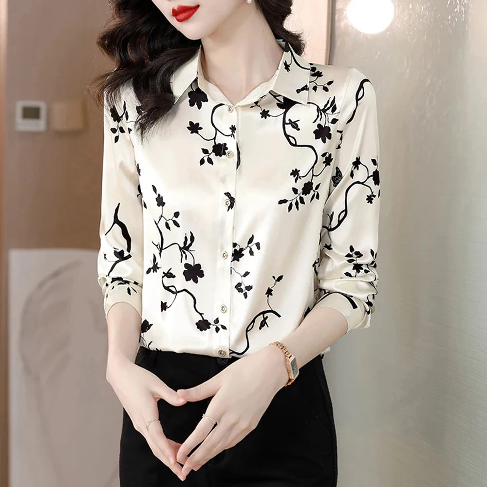 ARWEN & AJH GROUP Chic Printed Casual Office Shirts For Women Long Sleeve Silk Satin Fashion Women Blouses 2024 Elegant Female Tops  ARWEN & AJH GROUP