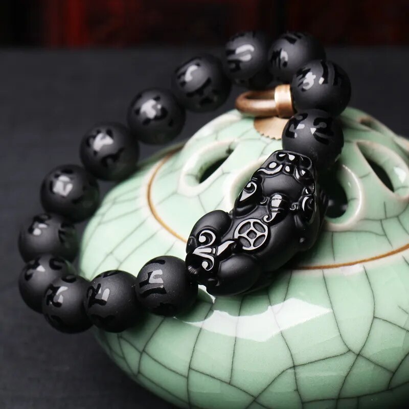 Natural Obsidian Fengshui  Beaded Bracelet Men Women Black  Brave Troops Six-word Mantra Bead Bangle Lucky Amulet Gift