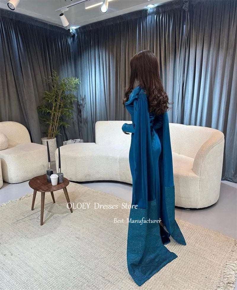 ARWEN & AJH GROUP مجموعه اروين  2024 Simple Blue Velvet Evening Dresses Long Sleeves High Neck Cape Formal Party Occasion Prom Gowns Vestido de fiesta