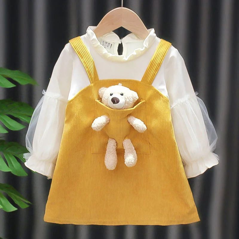 Kid Girl Dress Princess Dress Pocket Bear Gift Birthday Party Children Puff Long Sleeve Toddler Girl Clothes Teen Baby Suit A830