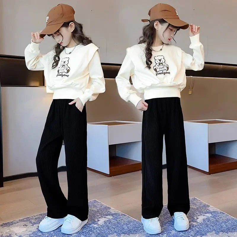 2024 new spring Teens Clothes Children Set bear Print batwing Crop Top sweatshirt t shirt + straight Pant Suit tracksuit 12 year