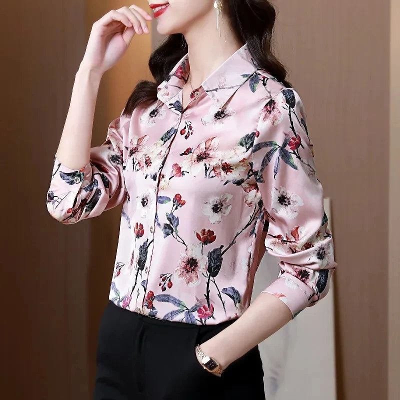 ARWEN & AJH GROUP Chic Printed Casual Office Shirts For Women Long Sleeve Silk Satin Fashion Women Blouses 2024 Elegant Female Tops  ARWEN & AJH GROUP